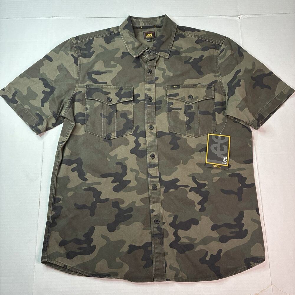 Lee Men's Heritage Short Sleeve Surplus Shirt Size L Large Olive Camo Cotton